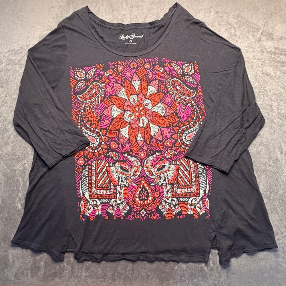 Lucky Brand Top Womens 3X Gray Elephant Mandala Slub Knit 3/4 Sleeve Boho Tunic